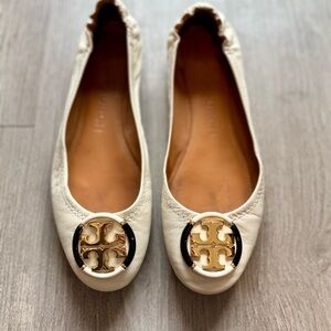Tory Burch Caroline Ballet Flats cream rice paper Napa Leather Gold Logo Size 7